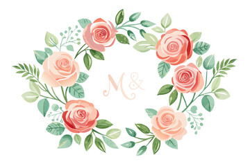 A set of elegant watercolor floral monogram logo designs featuring hand-painted botanical wreaths, pastel roses, peonies, and delicate greenery. Perfect for wedding invitations, luxury branding, femin