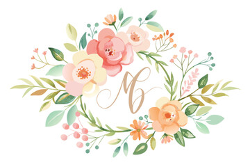 A set of elegant watercolor floral monogram logo designs featuring hand-painted botanical wreaths, pastel roses, peonies, and delicate greenery. Perfect for wedding invitations, luxury branding, femin