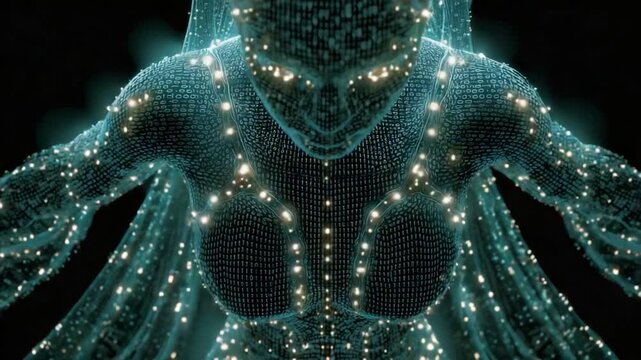 Luminous artificial intelligence with a human like form materializing from a digital grid, representing concepts of advanced technology, virtual reality, and the creation of a digital soul