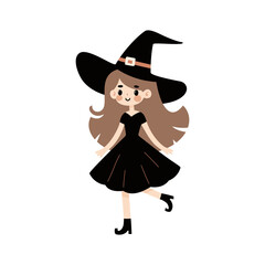 Młoda czarownica w spiczastym kapeluszu i czarnej sukience. Przebranie na Halloween, tańcząca dziewczynka. © Monika