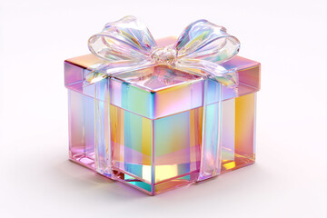 Obraz premium Stunning iridescent glass gift box with elegant ribbon bow radiates luxury and celebration, perfect for special occasions and exclusive promotions.