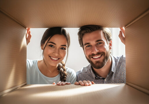 Excited young couple unpacking moving boxes in new home, smiling with anticipation for their future together in this happy chapter of their lives