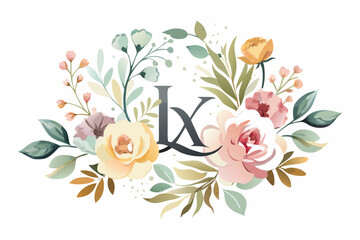 A set of elegant watercolor floral monogram logo designs featuring hand-painted botanical wreaths, pastel roses, peonies, and delicate greenery. Perfect for wedding invitations, luxury branding, femin