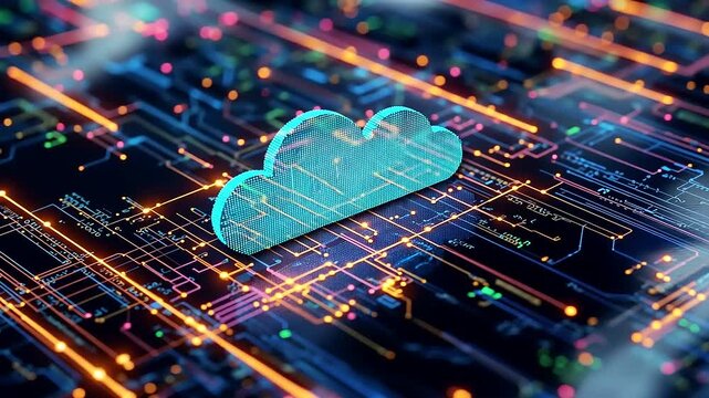 Digital cloud symbol overlaid on a vibrant circuit board design representing technology and data flow