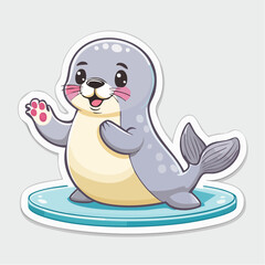 Cute cartoon seal pup waving from an ice floe
