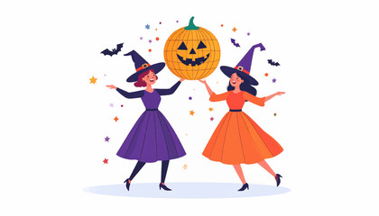 Festive Witches Celebrating Halloween with Pumpkin and Bats against a White Background
