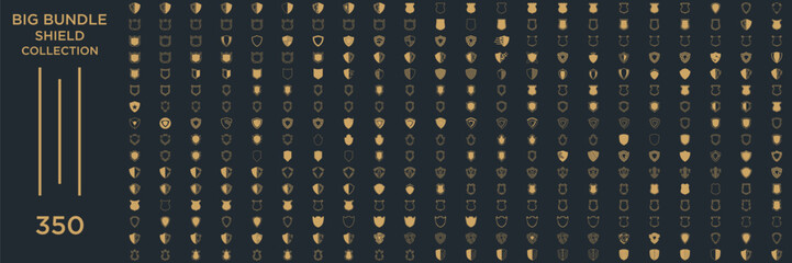 mega collection Shield icon set in vintage style. Protect shield security line icons. Badge quality symbol, sign, logo or emblem. Vector illustration
