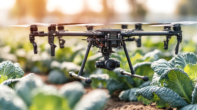 Drone flying over a vegetable garden with camera mounted, capturing agricultural data