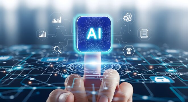 Futuristic ai technology glowing in a digital network landscape as a finger touches the screen symbolizing innovation and future progress.