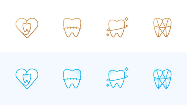 Dental logo set featuring modern minimalist tooth icons. The collection includes a tooth inside a heart, a tooth with braces, a shining tooth with sparkles, and a geometric diamond-style tooth. 