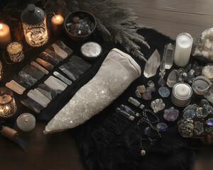 Arrangement of Crystals and Candles on Dark Surface with Flames