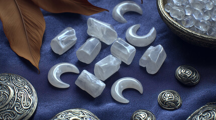 White Stones and Decorative Elements on Blue Fabric Background