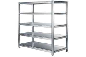 Five tier metal shelving unit isolated on white background