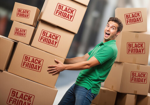 Excited man struggles to carry towering stack of Black Friday sale boxes, celebrating consumer frenzy and holiday shopping deals - Powered by Adobe