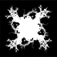 Abstract fractal design with branching patterns forming a square shape on a black background that is stark white