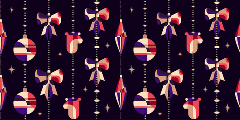 Seamless Christmas retro pattern in modern geometric style with baubles bows stockings and ornaments for holiday wrapping paper greeting cards festive packaging banners and textile design. Vector