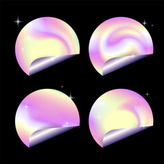 Holographic rainbow stickers set with curled corners. Holographic product tags in a realistic style for digital design, packaging branding, decorations, social media, creative projects Vector