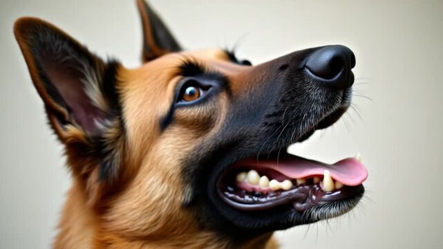 Dog, German Shepherd, Closeup. A German Shepherd dog with its mouth open, looking up at something out of frame.