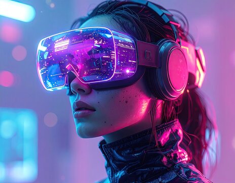 Woman in Neon Virtual Reality Headset Exploring Metaverse