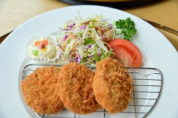 Close-up of tonkatsu with salad vegetables. Breaded deep-fried pork and raw vegetables. Japanese cuisine. Food and beverage concept. Food background.