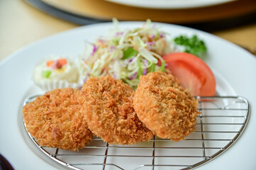 Close-up of tonkatsu with salad vegetables. Breaded deep-fried pork and raw vegetables. Japanese cuisine. Food and beverage concept. Food background.