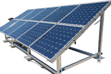 Solar panel array tilted on metal frame isolated on white background