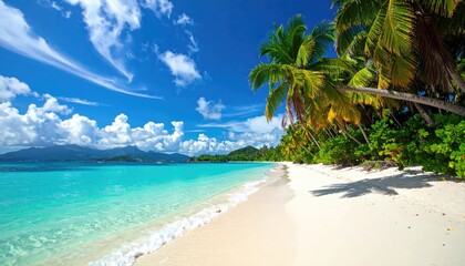 Obraz premium Tropical Beach with Turquoise Water White Sand and Palm Trees Under a Bright Blue Sky with Fluffy Clouds Idyllic Paradise Vacation Destination