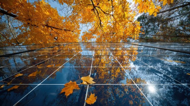 autumn leaves solar panel reflection