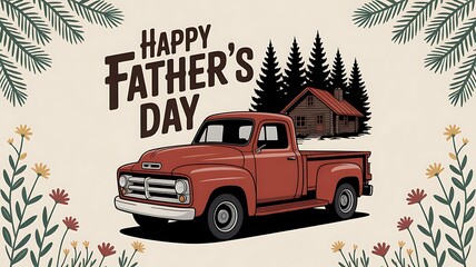 Happy Fathers Day Illustration with Vintage Red Truck Cabin and Floral Border for Holiday Celebration Graphic Design