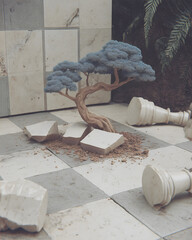 Surreal Chessboard Scene with Bonsai Tree and Broken Pieces
