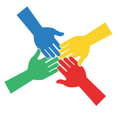 Four colorful hands clasped together, symbolizing teamwork and unity.