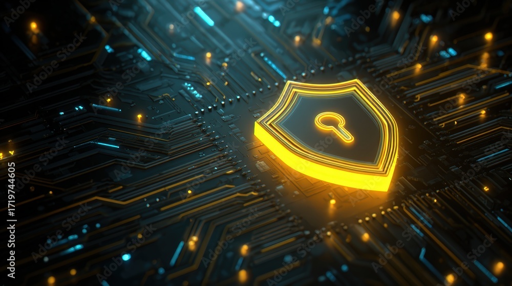 Poster digital security background with shield icon and circuit board design in blue and yellow colors