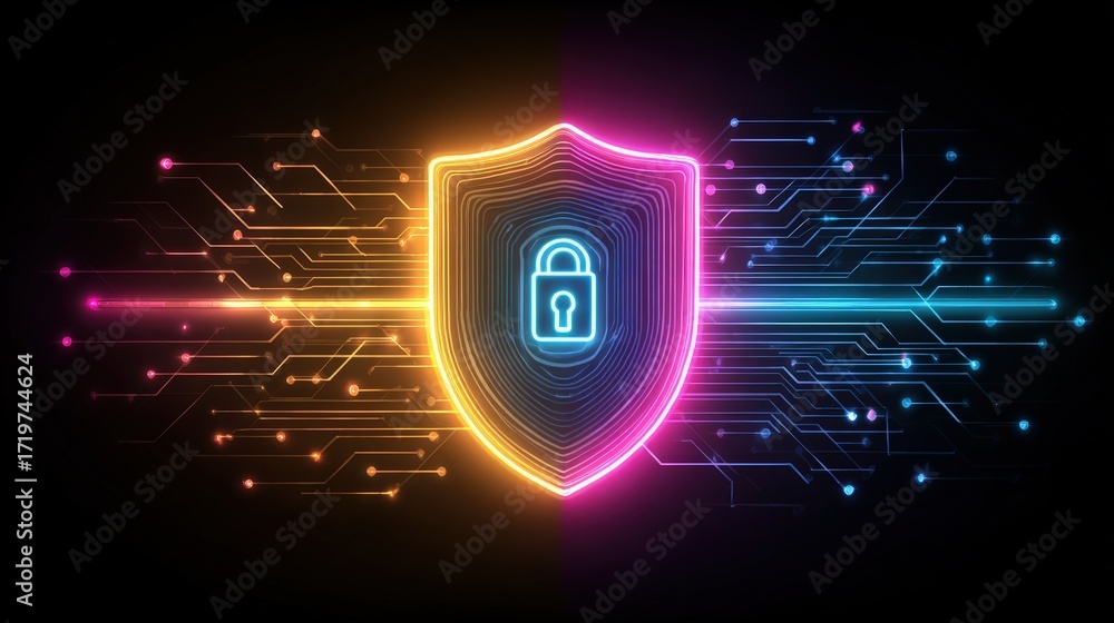 Poster digital security shield with technology background in vibrant neon colors and circuit patterns