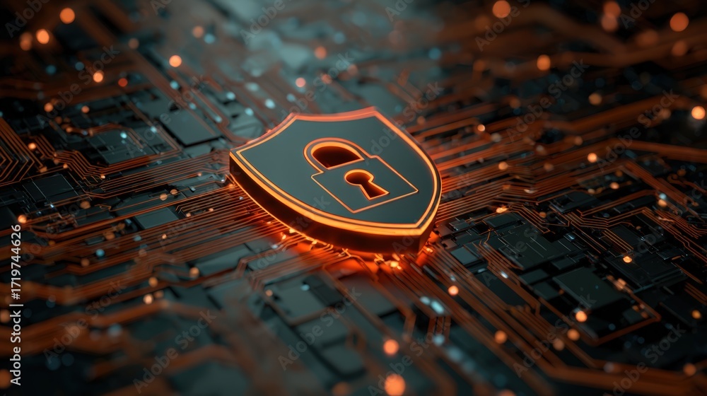 Fototapete digital secure shield on circuit board with lock symbol representing cybersecurity concept