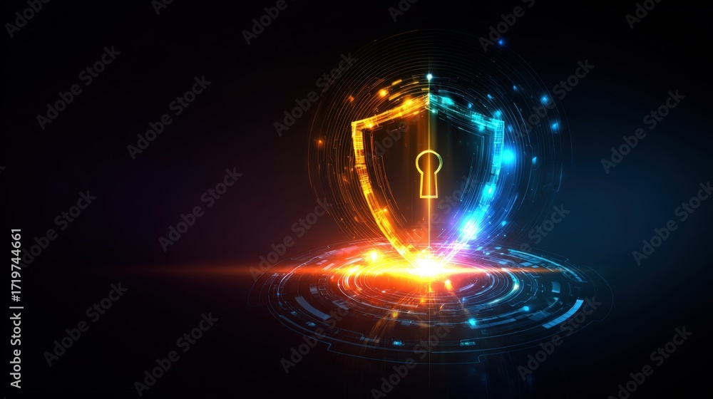 Poster high-tech shield symbolizing digital security and protection with bright color effects