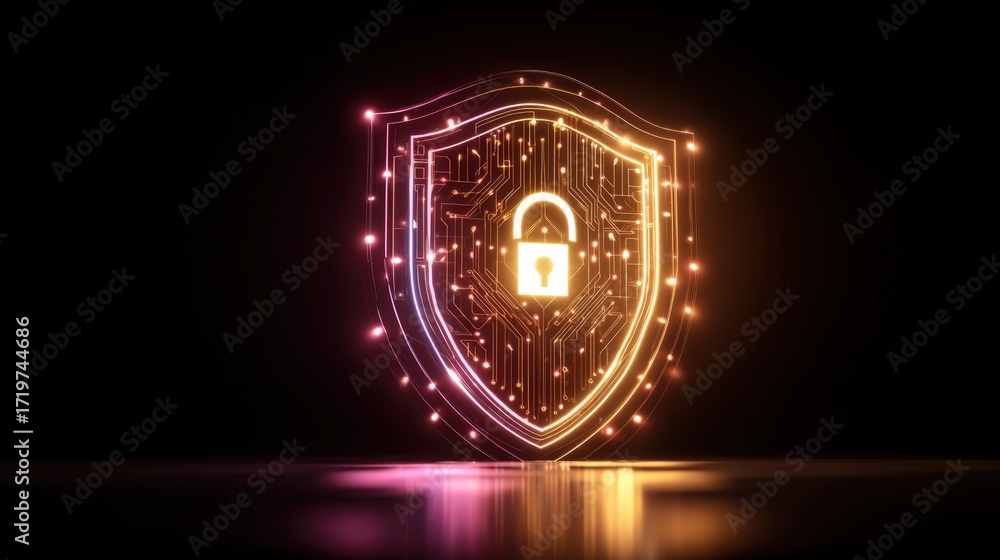Fototapete secure digital shield with lock symbol and glowing circuit background for tech concept