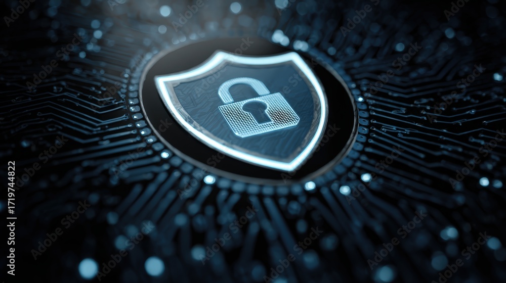 Poster digital shield with padlock symbol on abstract background of circuit board design