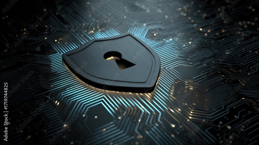 Poster high-tech security shield on circuit board background with glowing elements