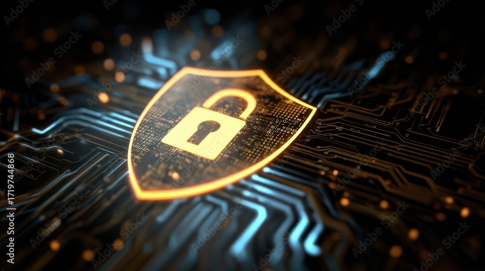 Poster digital security shield with lock symbol on abstract circuit background for cyber protection