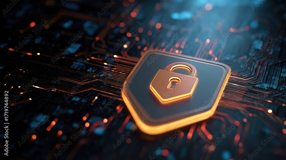 Poster digital security concept with lock symbol over circuit board background in futuristic style