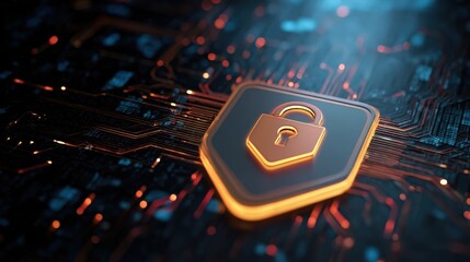 Digital Security Concept With Lock Symbol Over Circuit Board Background In Futuristic Style