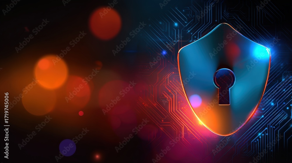 Aufkleber digital security shield glowing against abstract background with colorful bokeh effects