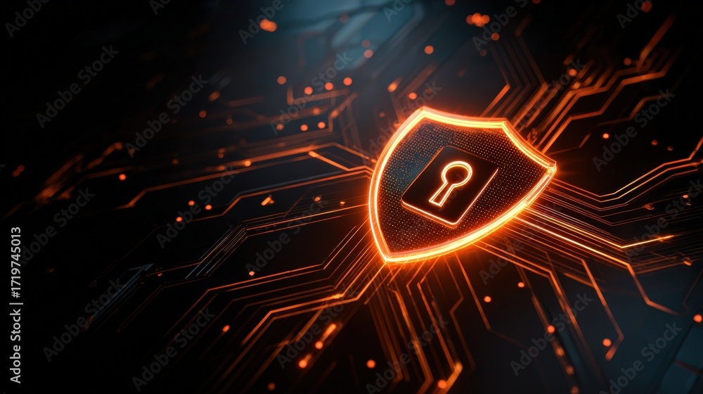 Poster digital security shield concept with lock symbol on abstract background of data connections