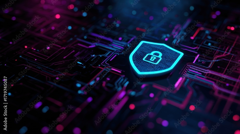 Poster abstract cyber security background with shield icon, data protection concept in free space