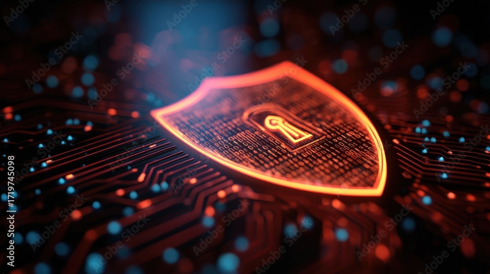 Fototapete digital shield symbolizing cyber security on circuit board background with abstract elements