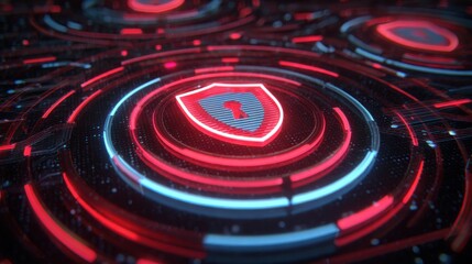 Obraz premium Futuristic Digital Security Background with Shield Symbol and Glowing Circular Patterns