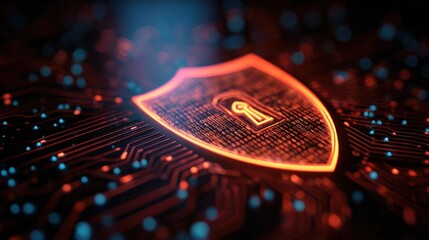 Digital Shield Symbolizing Cyber Security on Circuit Board Background with Abstract Elements