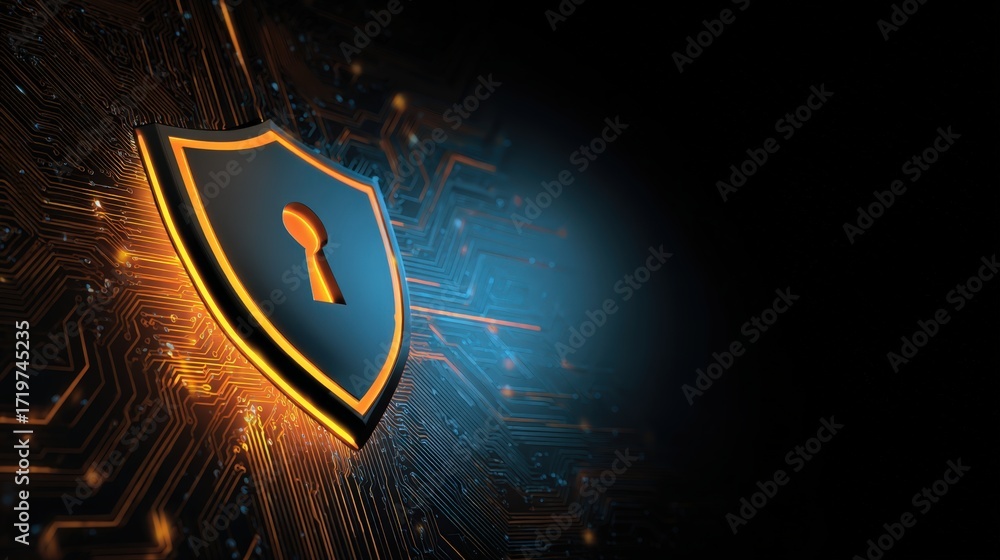 Poster shield symbol with keyhole on digital circuit background for cybersecurity and data protection