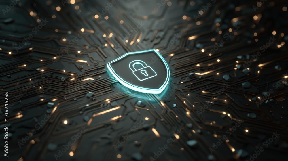 Poster high-tech security background with shield and lock on digital circuit board design