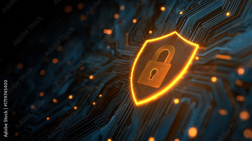 Poster digital security background with shield and lock symbol on circuit board design